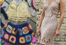 Roupas de crochê coloridas e bege demonstrando diferentes texturas e padrões para caimento perfeito