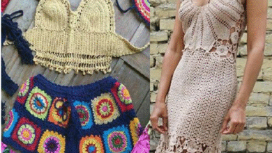 Roupas de crochê coloridas e bege demonstrando diferentes texturas e padrões para caimento perfeito