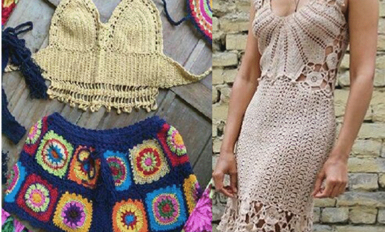 Roupas de crochê coloridas e bege demonstrando diferentes texturas e padrões para caimento perfeito