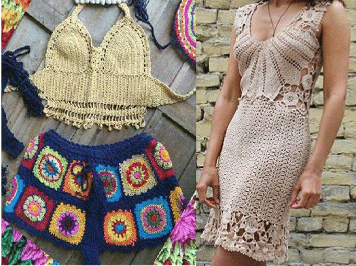 Roupas de crochê coloridas e bege demonstrando diferentes texturas e padrões para caimento perfeito