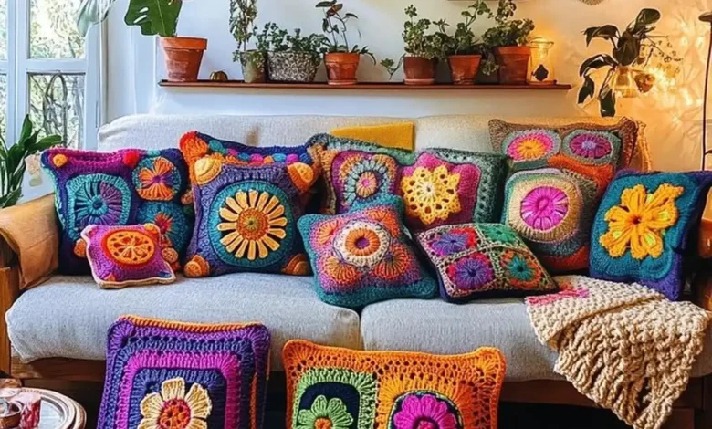 Almofadas de crochê coloridas e detalhadas sobre sofá cinza em sala iluminada, com plantas ao fundo.