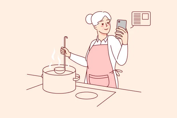 Ilustração de mulher cozinhando enquanto consulta uma receita no celular
