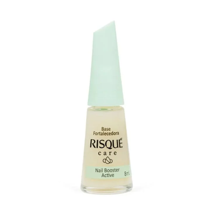 Base Fortalecedora Risqué Care com embalagem transparente e tampa verde, ideal para fortalecer as unhas frágeis.