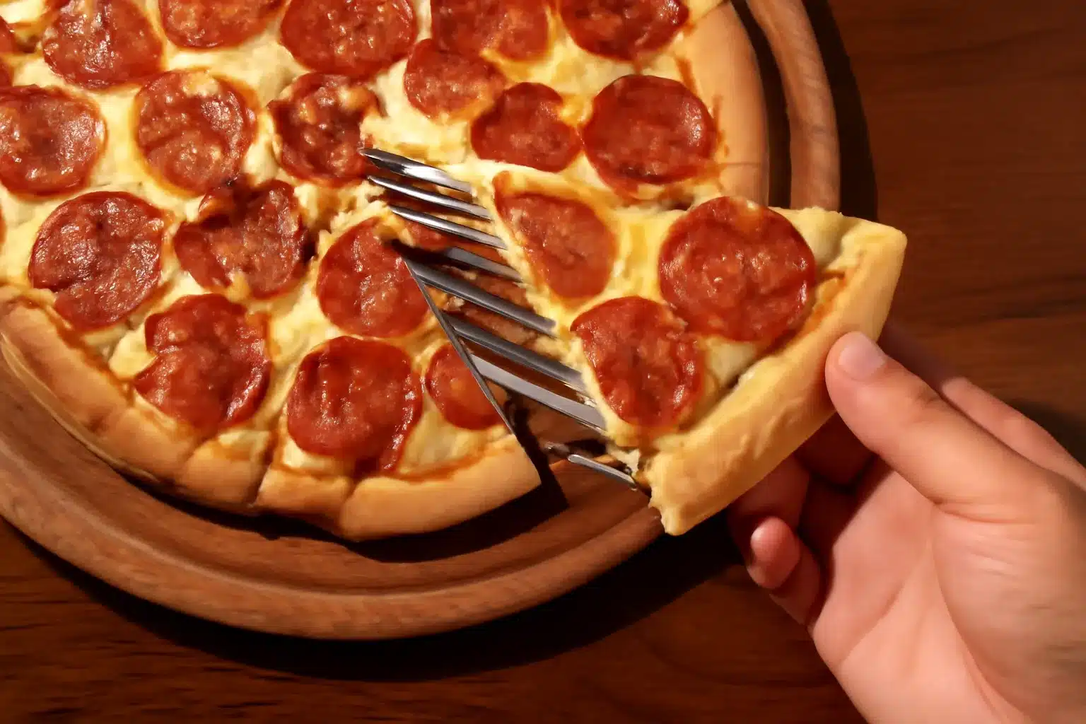 Pizza de pepperoni caseira sendo servida, com queijo derretido e crosta dourada.