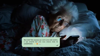 Idosa deitada na cama olhando para o celular à noite, mensagem de boa noite inspiradora.