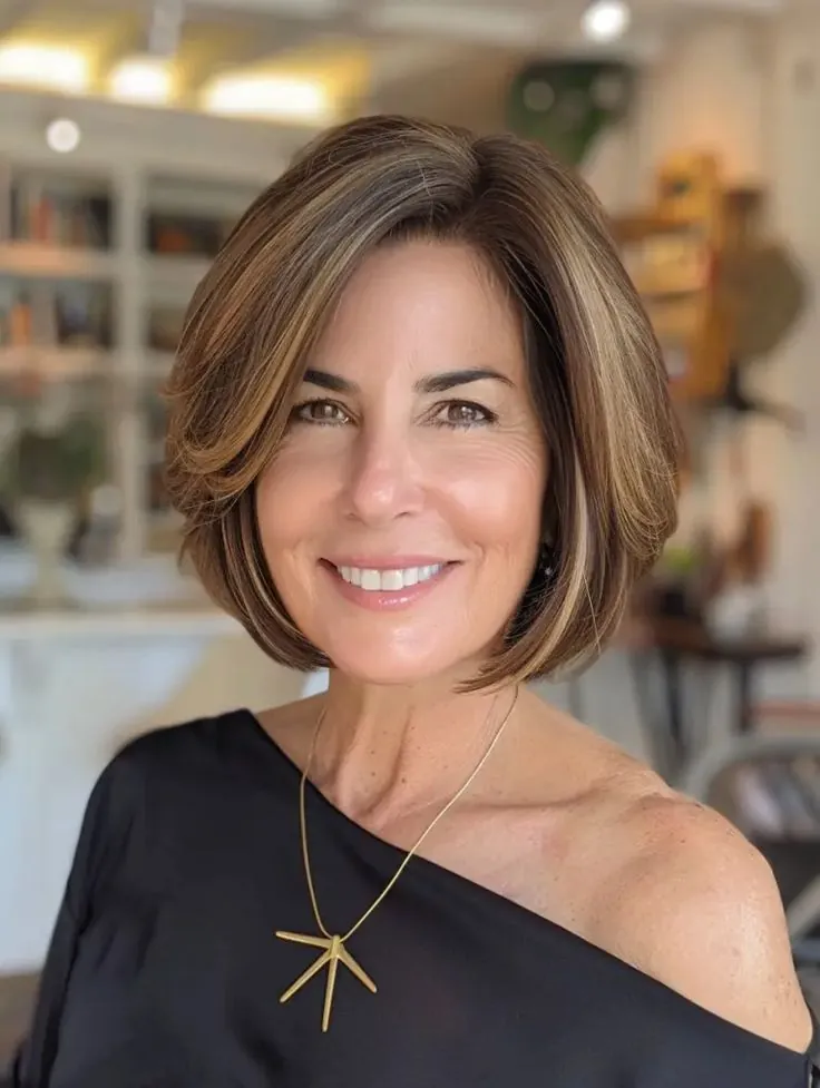 Mulher 50+ com corte bob na altura do queixo, moderno e elegante