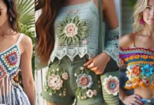 Roupas boho chic com detalhes em crochê, incluindo blusas e shorts floridos, ideais para o outono