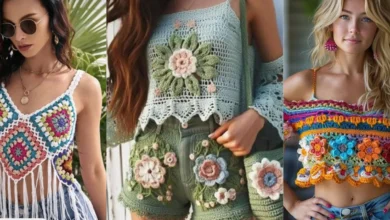 Roupas boho chic com detalhes em crochê, incluindo blusas e shorts floridos, ideais para o outono