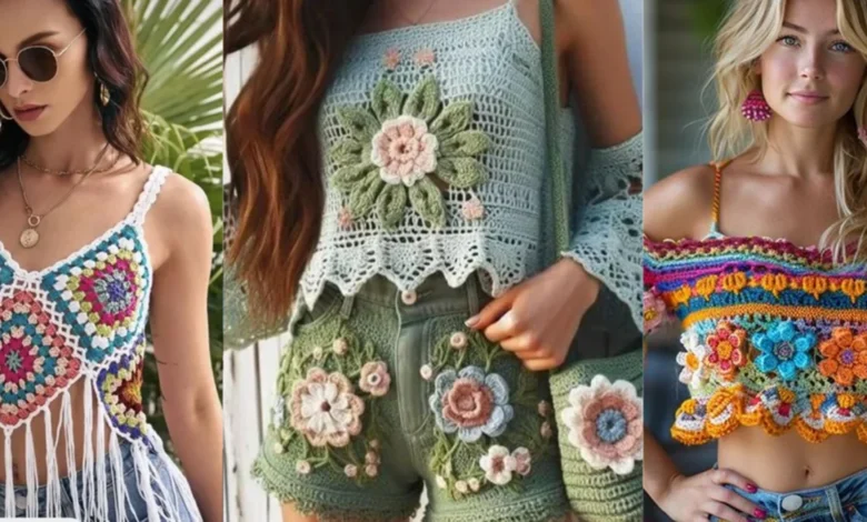 Roupas boho chic com detalhes em crochĂȘ, incluindo blusas e shorts floridos, ideais para o outono