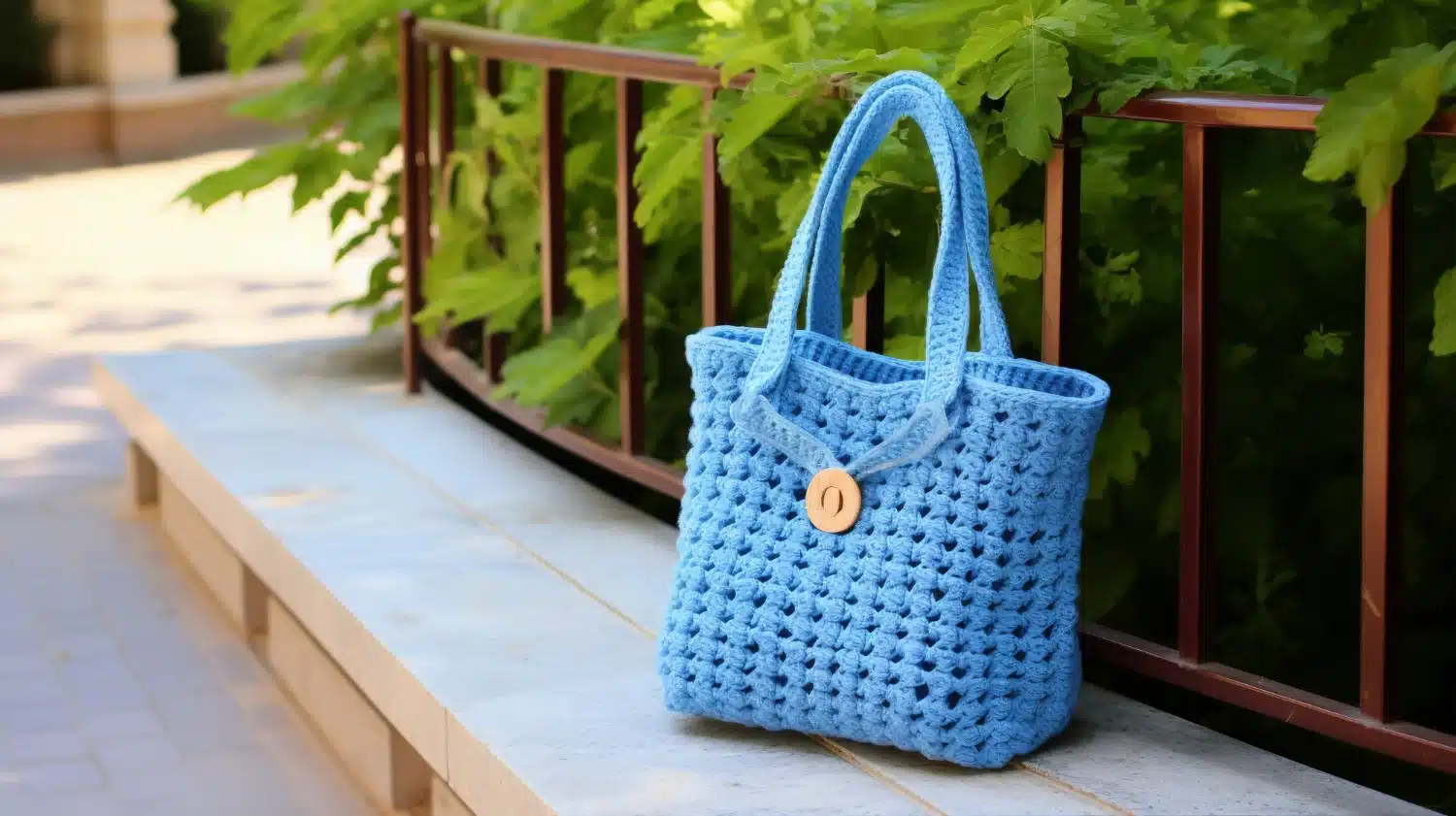 Bolsa de crochê azul com alças e botão de madeira, perfeita para complementar seu look fashion