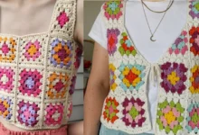Coletinhos e tops em crochê com quadradinhos da vovó em cores vibrantes.