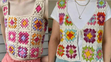 Coletinhos e tops em crochê com quadradinhos da vovó em cores vibrantes.