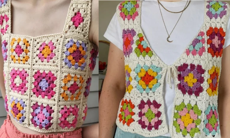 Coletinhos e tops em crochê com quadradinhos da vovó em cores vibrantes.