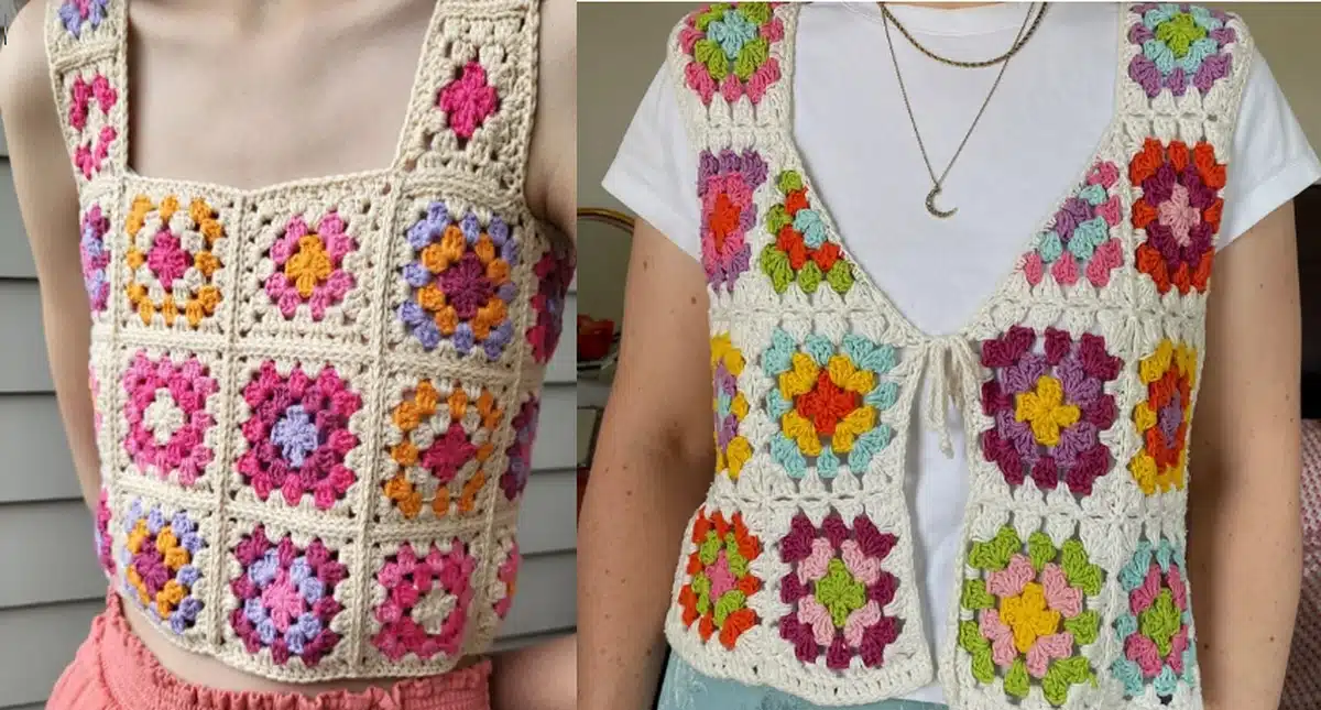 Coletinhos e tops em crochê com quadradinhos da vovó em cores vibrantes.