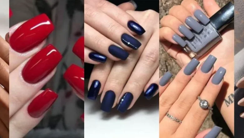 Unhas esmaltadas com cores tendência para o mês de maio, incluindo tons de verde, vermelho, azul, cinza e marrom