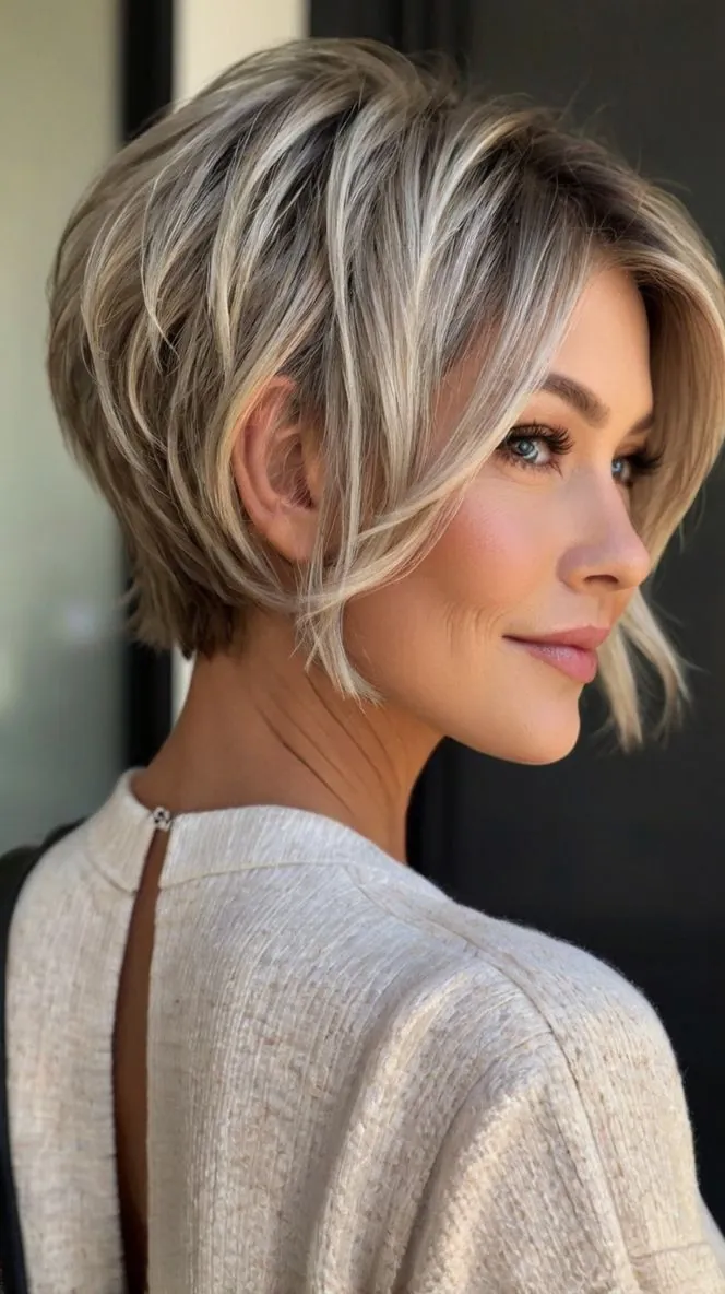 Mulher com corte bixie, curto, despojado e cheio de textura, ideal para mulheres 50+
