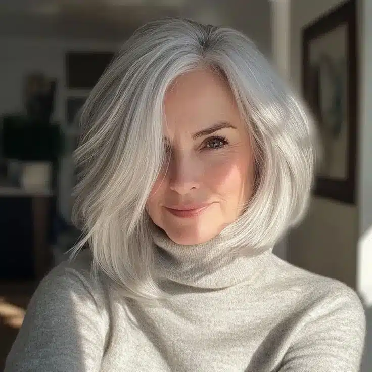 Corte Bob Longo para Mulheres Maduras com Cabelos Grisalhos Corte bob longo em mulher madura com cabelos grisalhos volumosos e elegantes