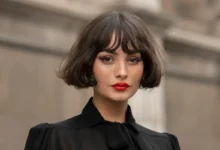 Mulher com corte bob moderno e franja, estilo tendência 2025, usando batom vermelho vibrante e blusa preta