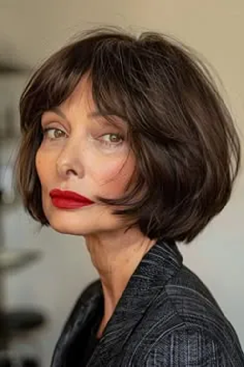 Corte Baroque Bob moderno em cabelo castanho com textura suave e volume natural