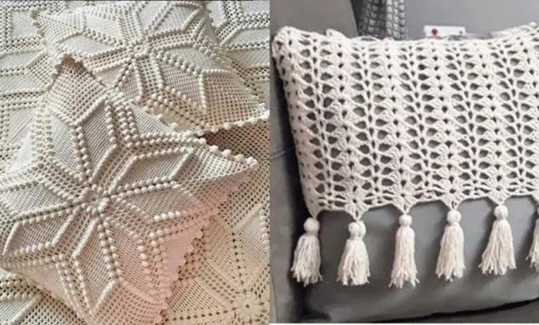 Almofadas de crochĂȘ moderno com detalhes em relevo e franjas