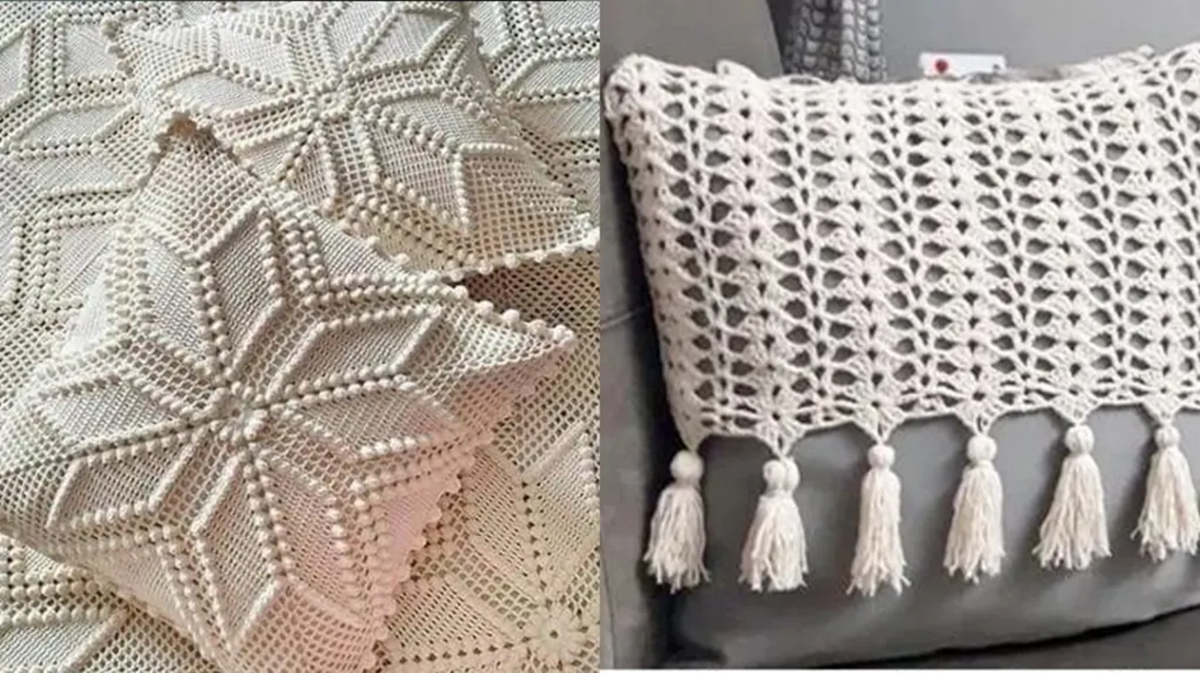 Almofadas de crochê moderno com detalhes em relevo e franjas