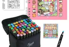 Kit de marcadores Touch e livros Bobbie Goods abertos com ilustrações para colorir