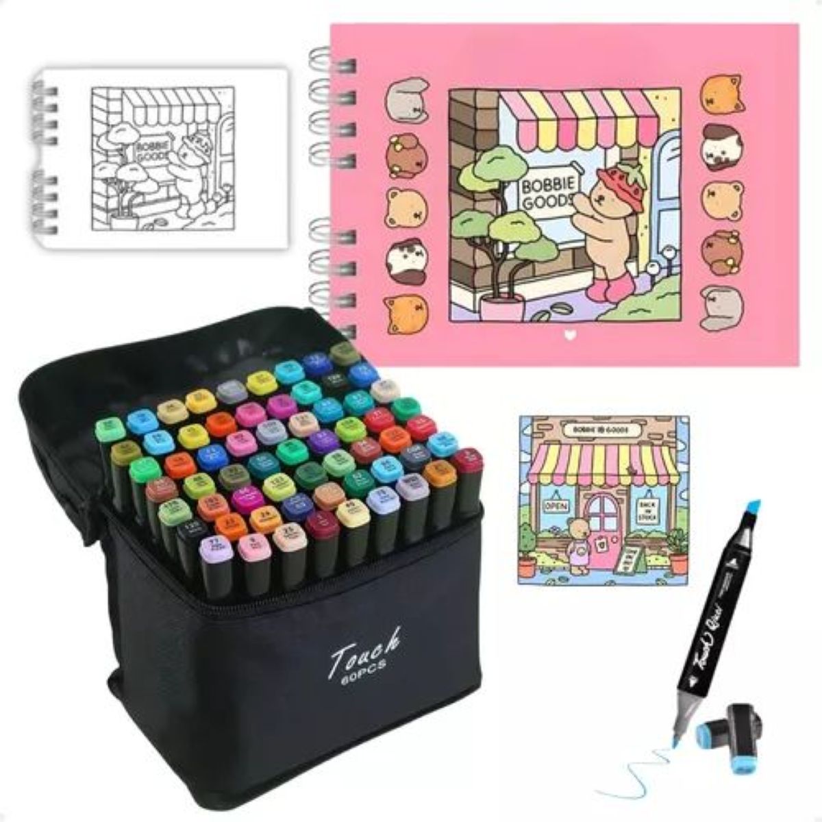 Kit de marcadores Touch e livros Bobbie Goods abertos com ilustrações para colorir