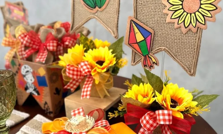 Decoração de mesa para festa de São João com arranjos de girassóis, bandeirinhas de juta, e detalhes em fita xadrez vermelho