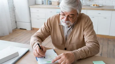 Idoso planejando finanças e definindo metas de poupança para aposentadoria.