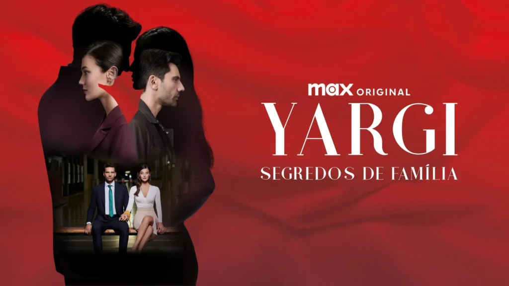 Casal protagonista da série Yargı em pôster promocional com fundo vermelho e ar de mistério