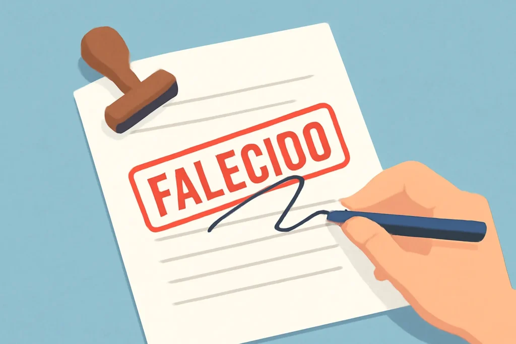 Documento com carimbo "FALECIDO" indicando erro em registro do INSS
