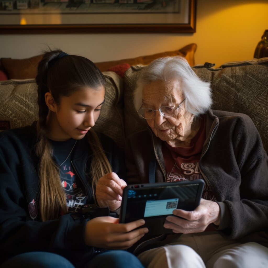 Idosa enviando mensagem de boa noite pelo tablet com ajuda de jovem em ambiente acolhedor