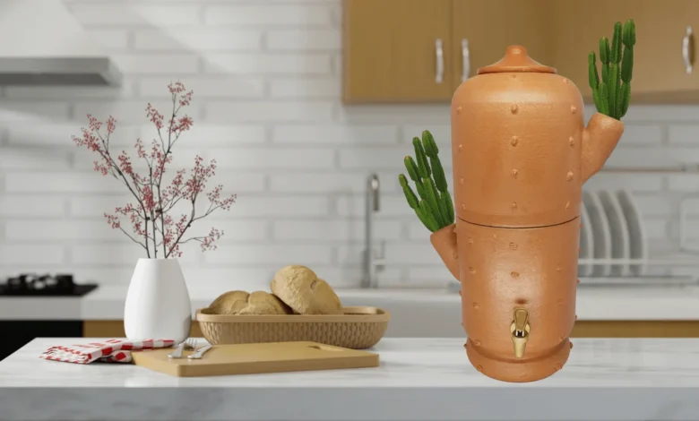 Filtro de barro com formato criativo de cacto, com detalhes de plantas no topo, exibido em uma bancada de cozinha moderna