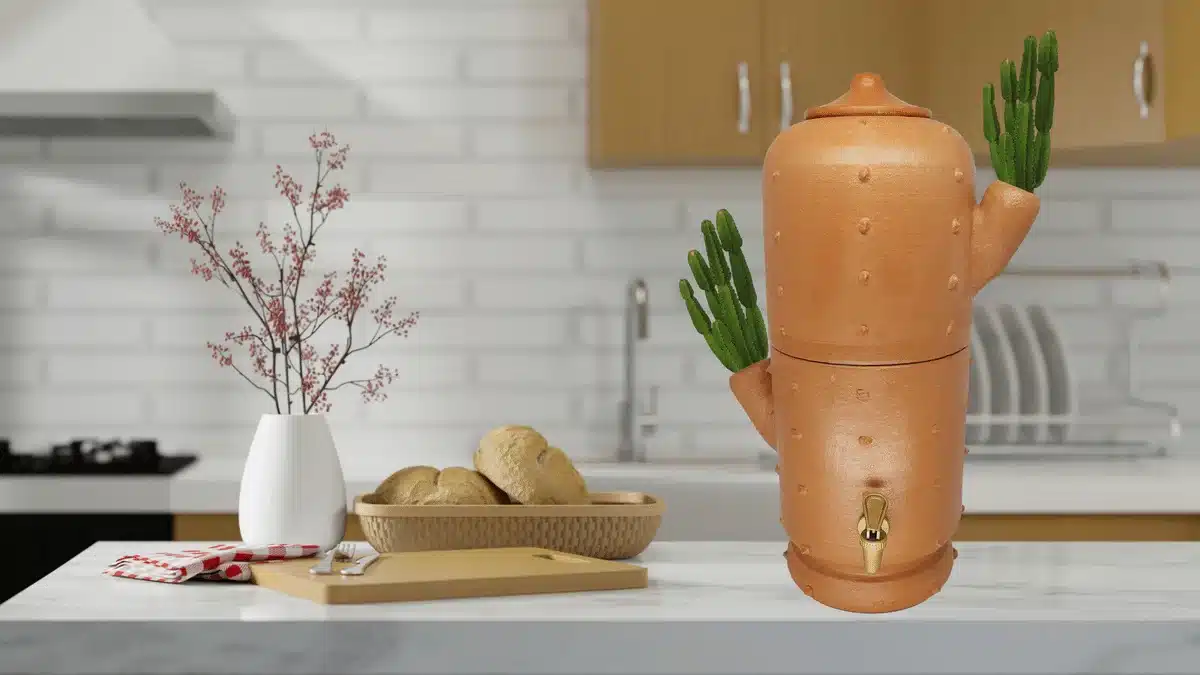 Filtro de barro com formato criativo de cacto, com detalhes de plantas no topo, exibido em uma bancada de cozinha moderna