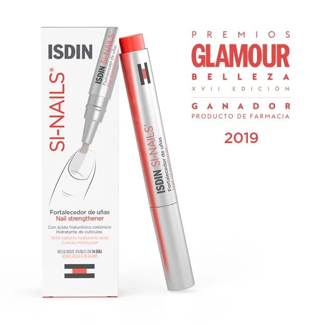 Fortalecedor de Unhas ISDIN em formato de caneta, com embalagem prata e vermelho, destacando seu poder de fortalecimento e hidratação das unhas.