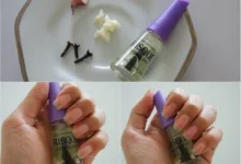 Fortalecedor de unhas caseiro com cravo e alho mostrando frasco e unhas naturais