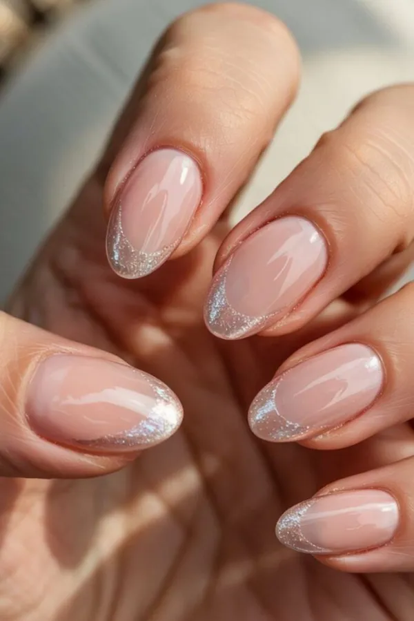 Unhas amendoada com francesinha tradicional e toque de brilho nas pontas, perfeita para o inverno de 2025.