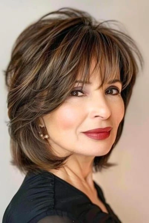 Mulher com franja desfiada e corte moderno, realçando leveza e sofisticação após os 50
