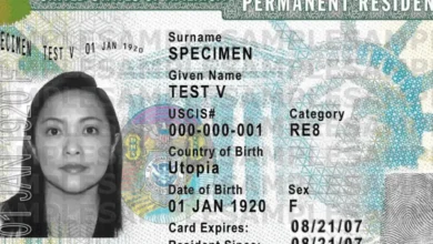 Foto de um Green Card americano com informações pessoais fictícias, ilustrando documento necessário para atualização de nome no INSS.