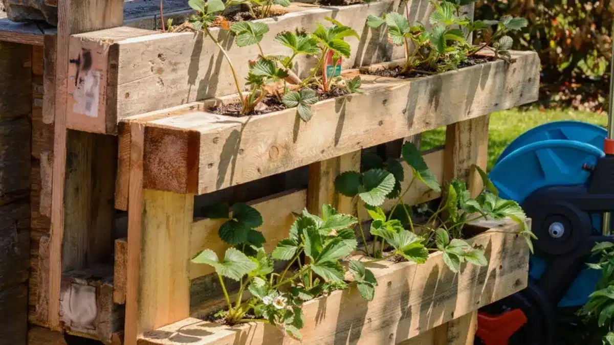 Horta caseira feita com paletes de madeira, cultivando morangos
