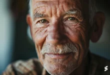 Rosto de idoso sorridente mostrando serenidade e experiência de vida