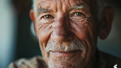 Rosto de idoso sorridente mostrando serenidade e experiência de vida