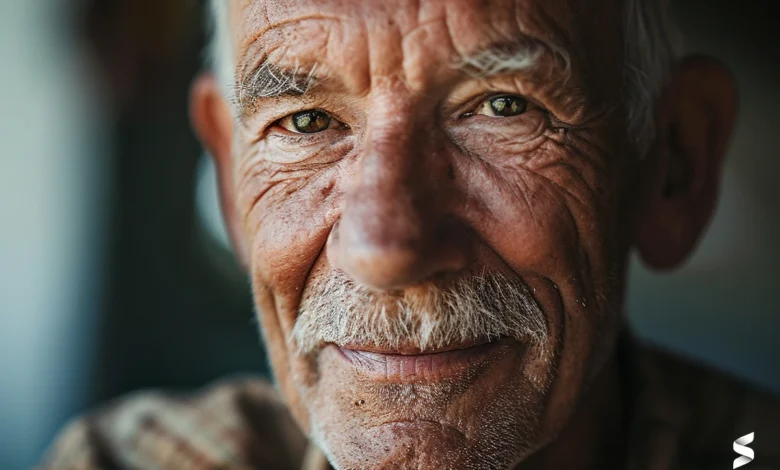Rosto de idoso sorridente mostrando serenidade e experiência de vida