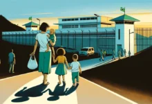 Mãe com filhos caminhando para dentro de uma prisão brasileira ao entardecer