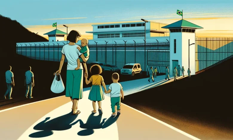 Mãe com filhos caminhando para dentro de uma prisão brasileira ao entardecer