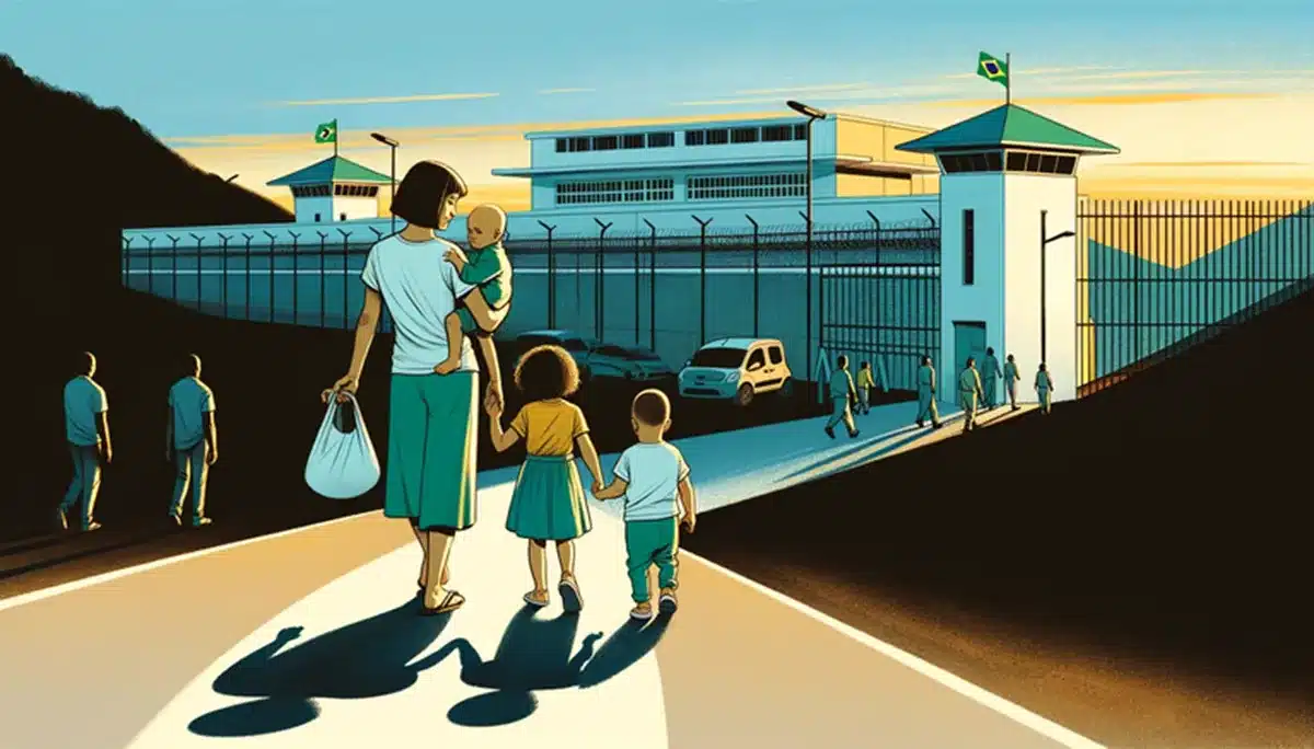 Mãe com filhos caminhando para dentro de uma prisão brasileira ao entardecer