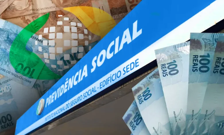 Fachada do INSS com notas de reais ao fundo, simbolizando a devolução de descontos indevidos.