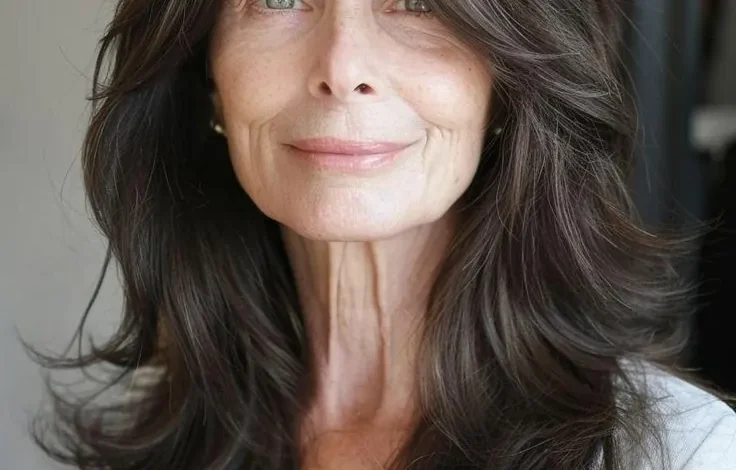 Mulher 50+ com cabelo longo em camadas, leve, solto e cheio de movimento