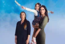 Imagem promocional da novela turca 'Mãe', exibida pela Record, com três personagens principais em primeiro plano