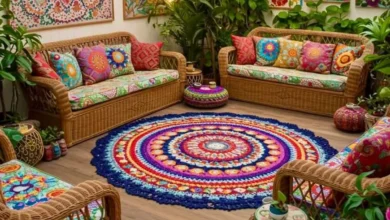 Ambiente com decoração maximalista no crochê, com almofadas, tapete e quadros vibrantes, misturando cores e texturas.